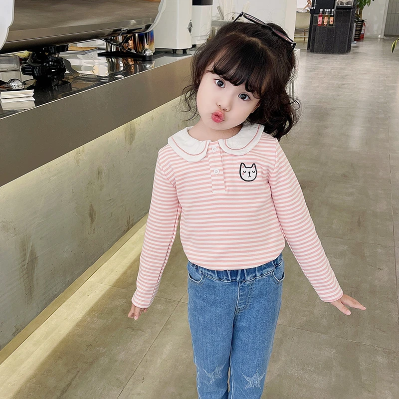 女童长袖T恤2025新款娃娃领纯棉条纹春秋洋气儿童秋季POLO衫上衣