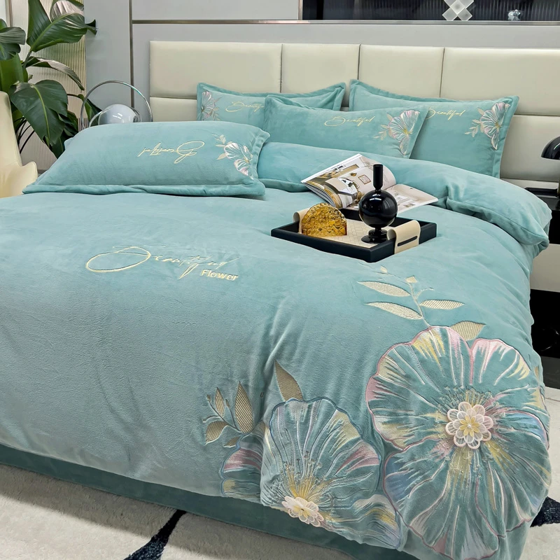 A 类防静电简约时尚加绒加厚刺绣花牛奶绒亲肤床裙四件套床上用品