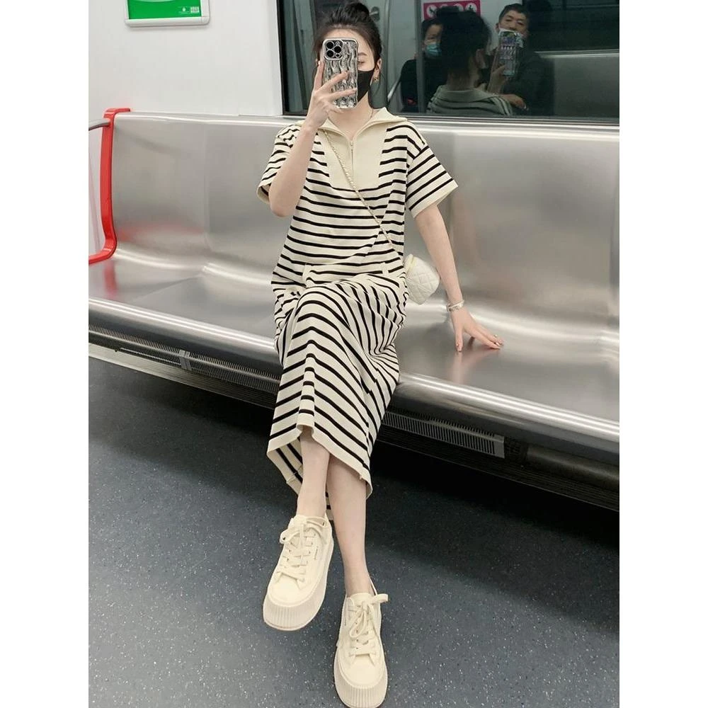 休闲条纹针织连衣裙女短袖夏季新款宽松遮肚子显瘦过膝包臀长裙子