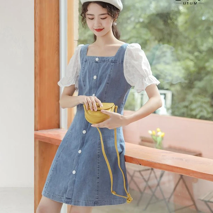 小个子泡泡袖牛仔连衣裙少女夏2024新款法式甜美方领减龄中长裙子