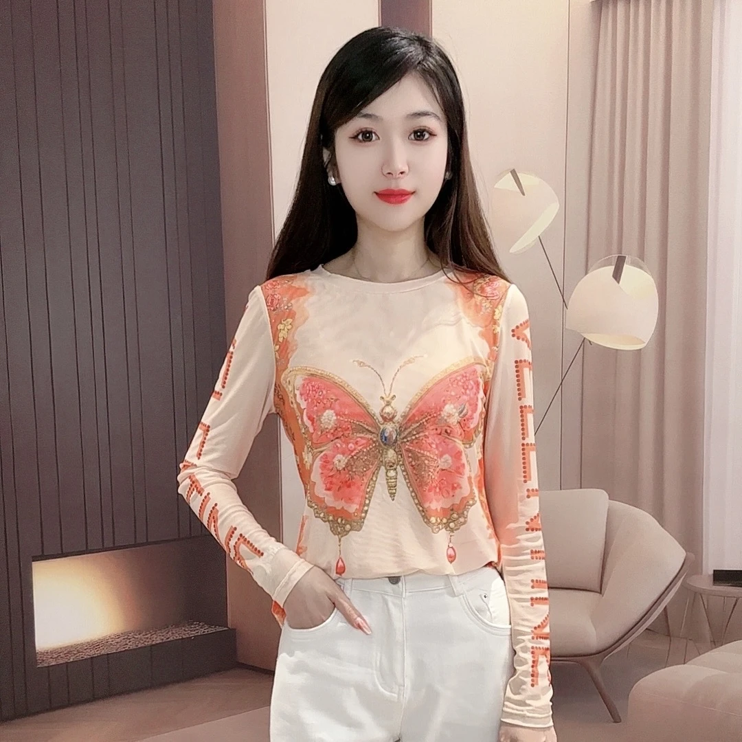2024新款显瘦洋气时尚修身圆领大蝴蝶长袖上衣W152