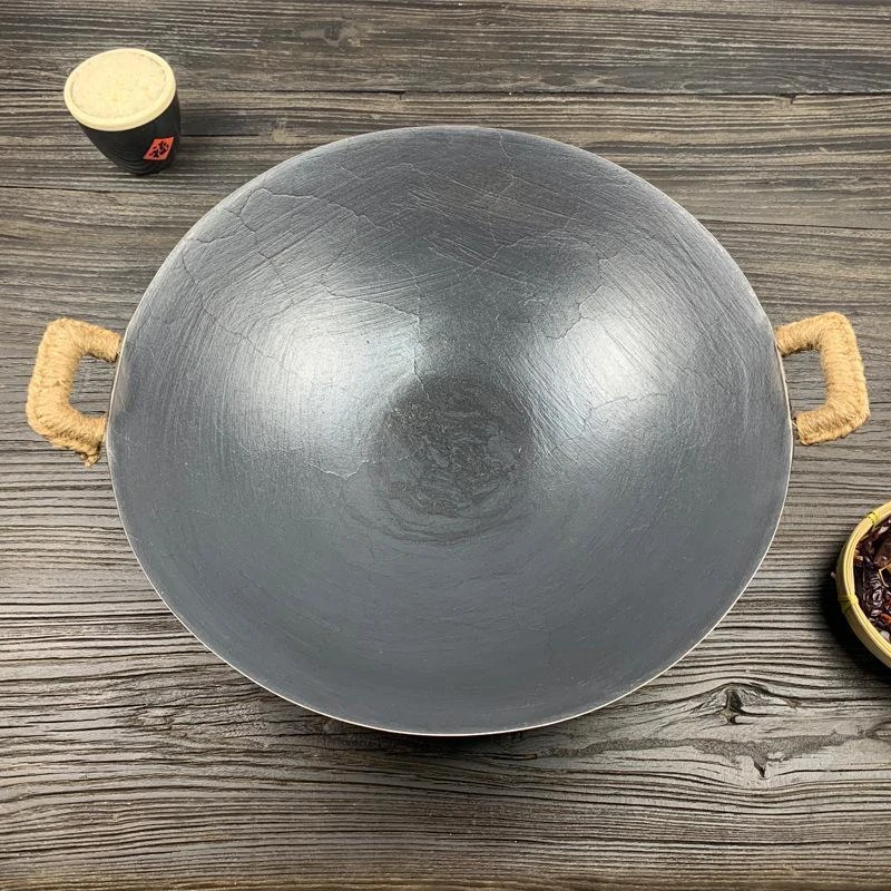 老式双耳生铁锅传统圆底加厚铸铁锅无涂层家用不粘锅炒菜锅柴火锅