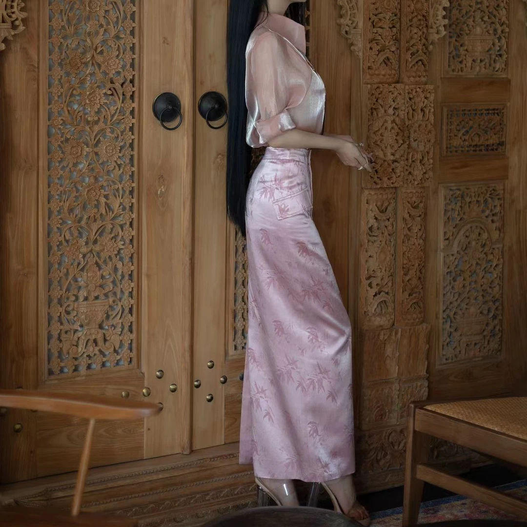 2024夏季新款  气质时尚国风印花复古优雅日常醋酸粉竹高腰直筒裙