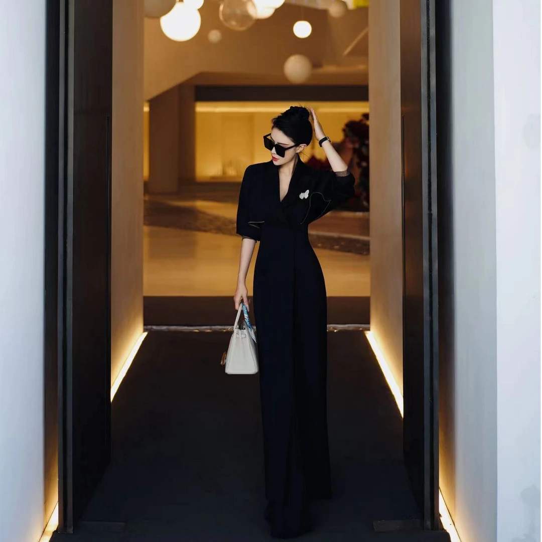 ANDREA骆杨倾城原创 新款黑色气质长款收腰羊毛外套