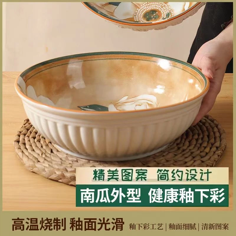 【主播推荐】2个9英寸山茶花北欧风家用陶瓷大碗面汤碗酸菜鱼瓷碗
