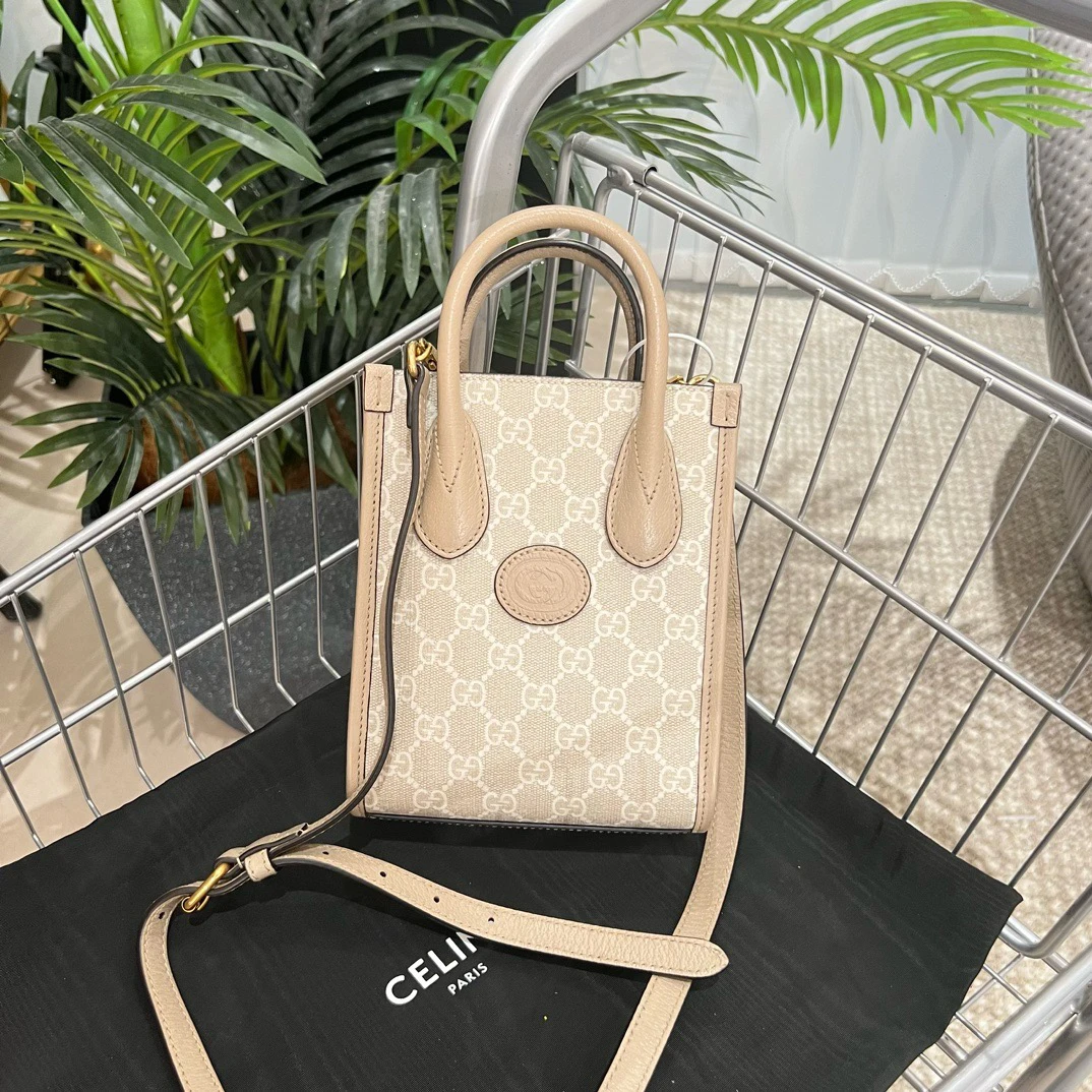 99新 GUCCI/古驰 燕麦色托特迷你7242945