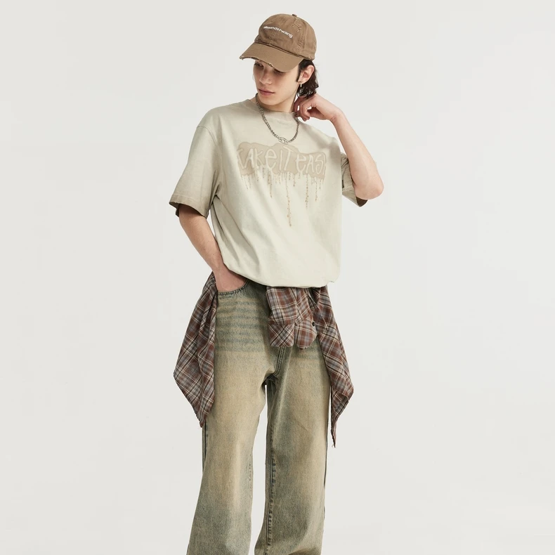 黄泥浸染做旧水洗百搭宽松直筒百搭休闲男裤子潮流街头休闲裤