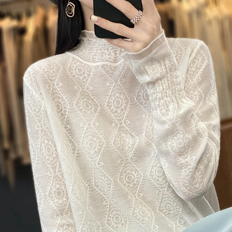 23新款羊毛衫针织打底衫韩版蕾丝镂空毛衣半高领女士上衣通勤百搭