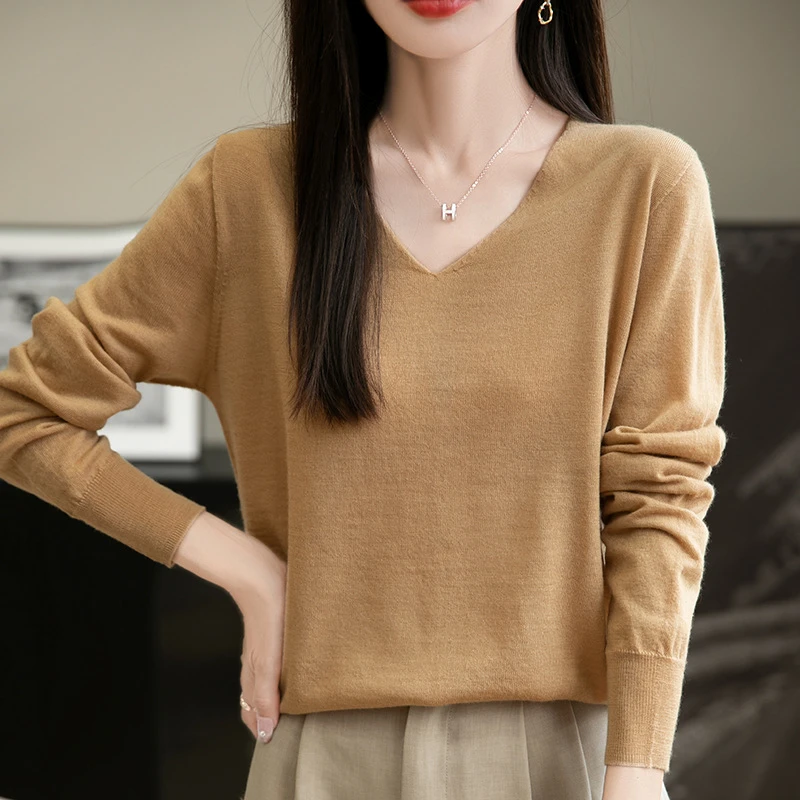 v领毛衣秋冬女薄款宽松100纯羊毛衫套针织衫2024新款内搭打底衫