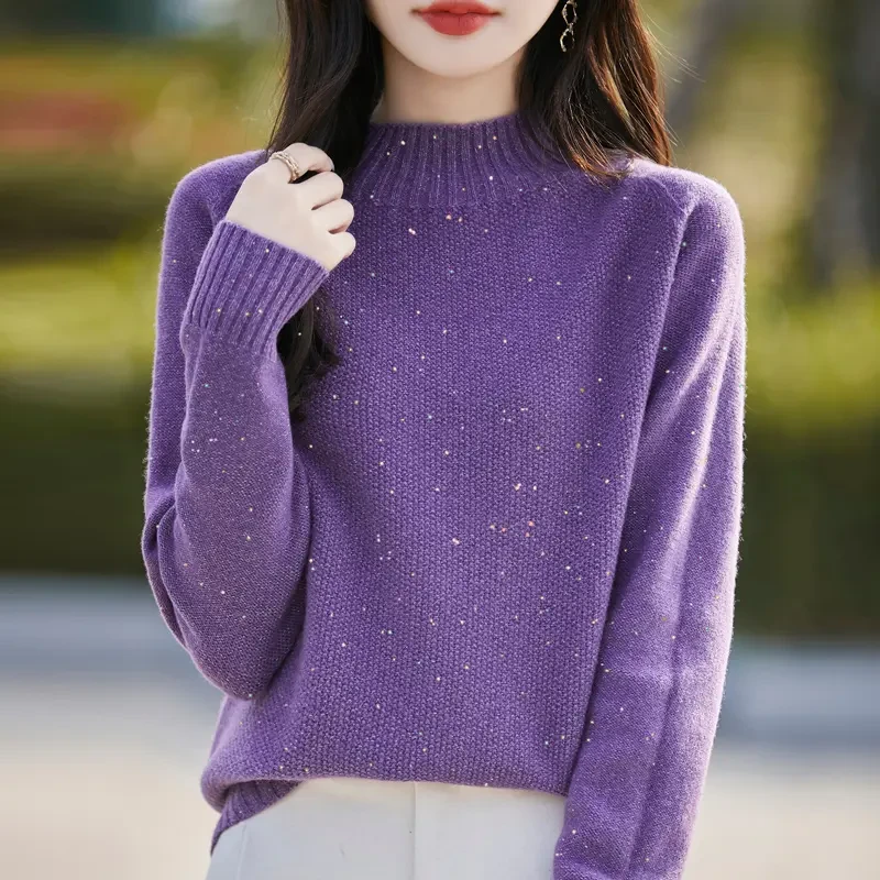 羊毛加厚一线成衣珠片半高针织时尚百搭女士半高领宽松显瘦长袖
