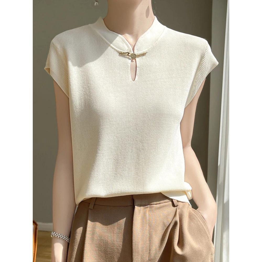 盘扣新中式立领薄款T恤女夏季新款修身显瘦飞飞袖上衣国风背心