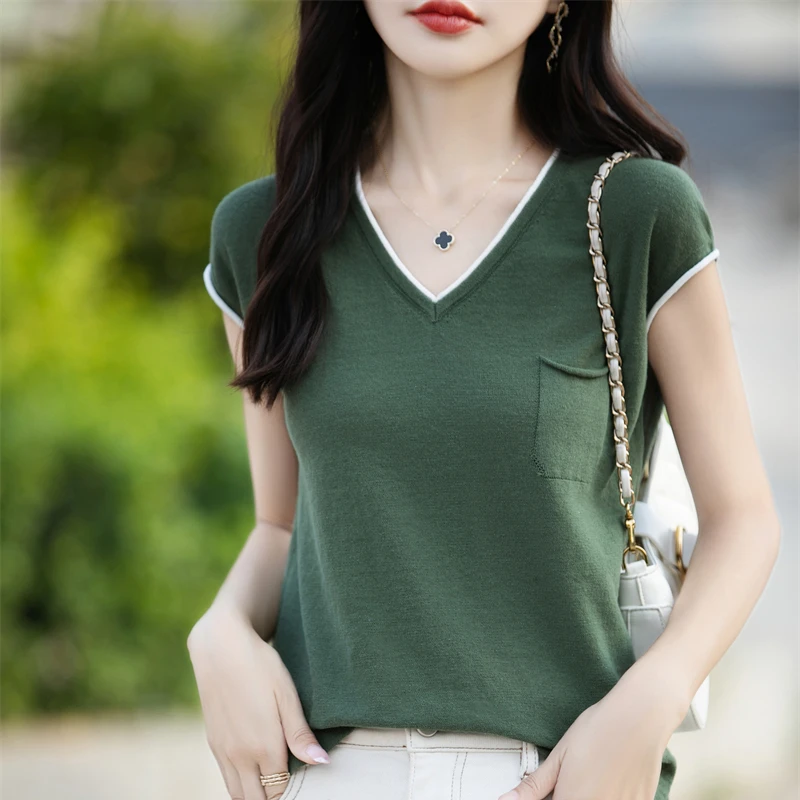 棉线短袖针织衫鸡心领百搭女士夏季外穿薄款气质落肩袖V领T恤背心