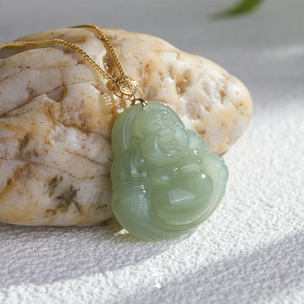 玉帮主女款晴水18K金镶嵌吊坠佛公绿色玉佛和田玉（天然多样性）