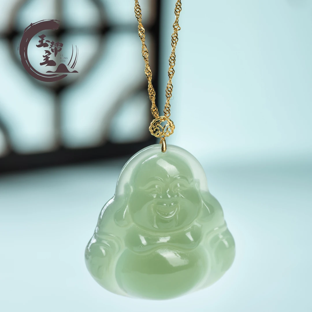 玉帮主 35mm晴水绿大肚弥勒佛18K金真金镶嵌 (和田玉材质）