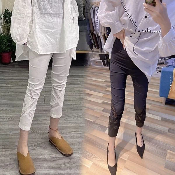 欧货拼接蕾丝打底裤女松紧腰弹力显瘦交叉镂空七分裤夏新款纸皮裤