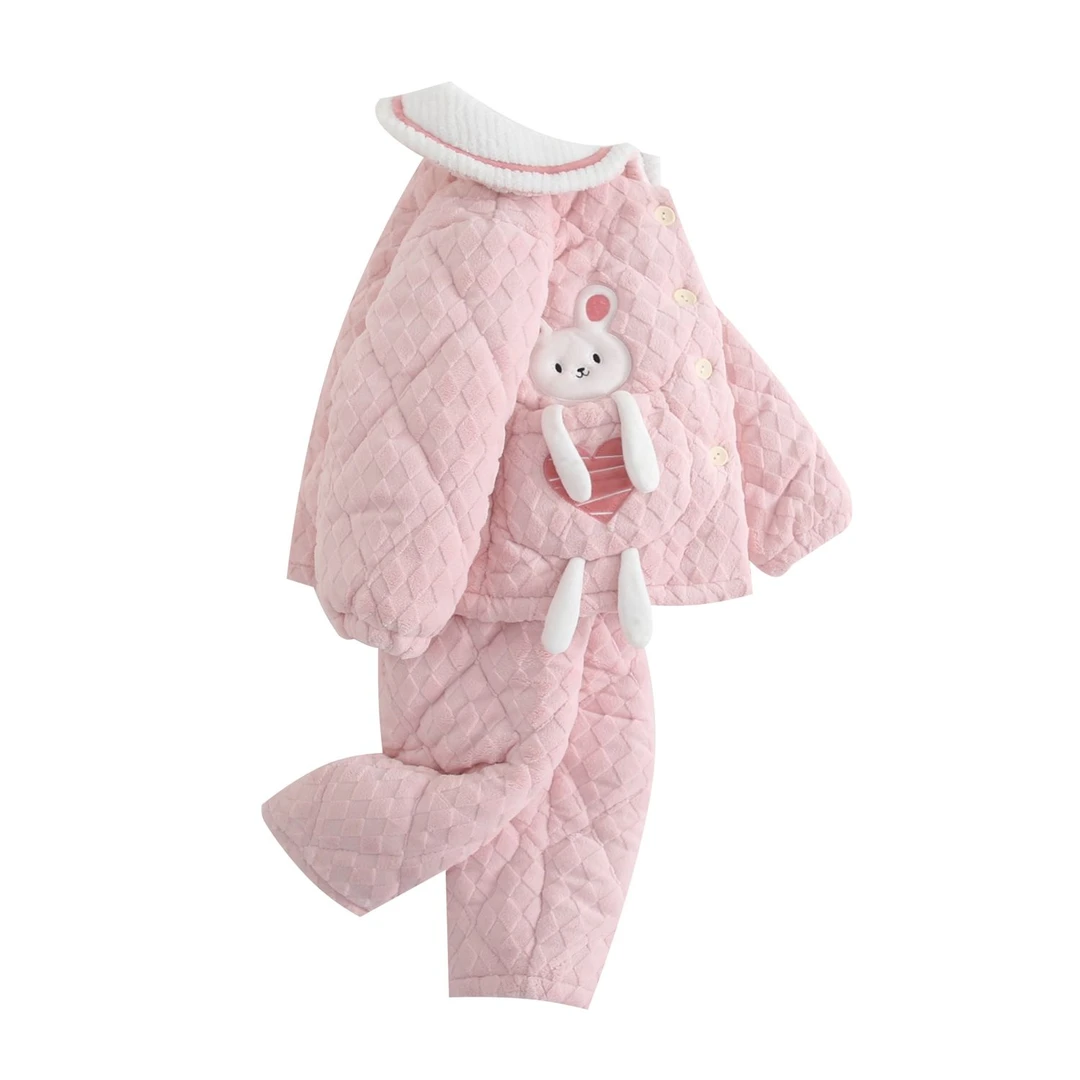 冬季儿童加厚睡衣女童三层夹棉法兰绒珊瑚家居服套装宝宝加绒保暖