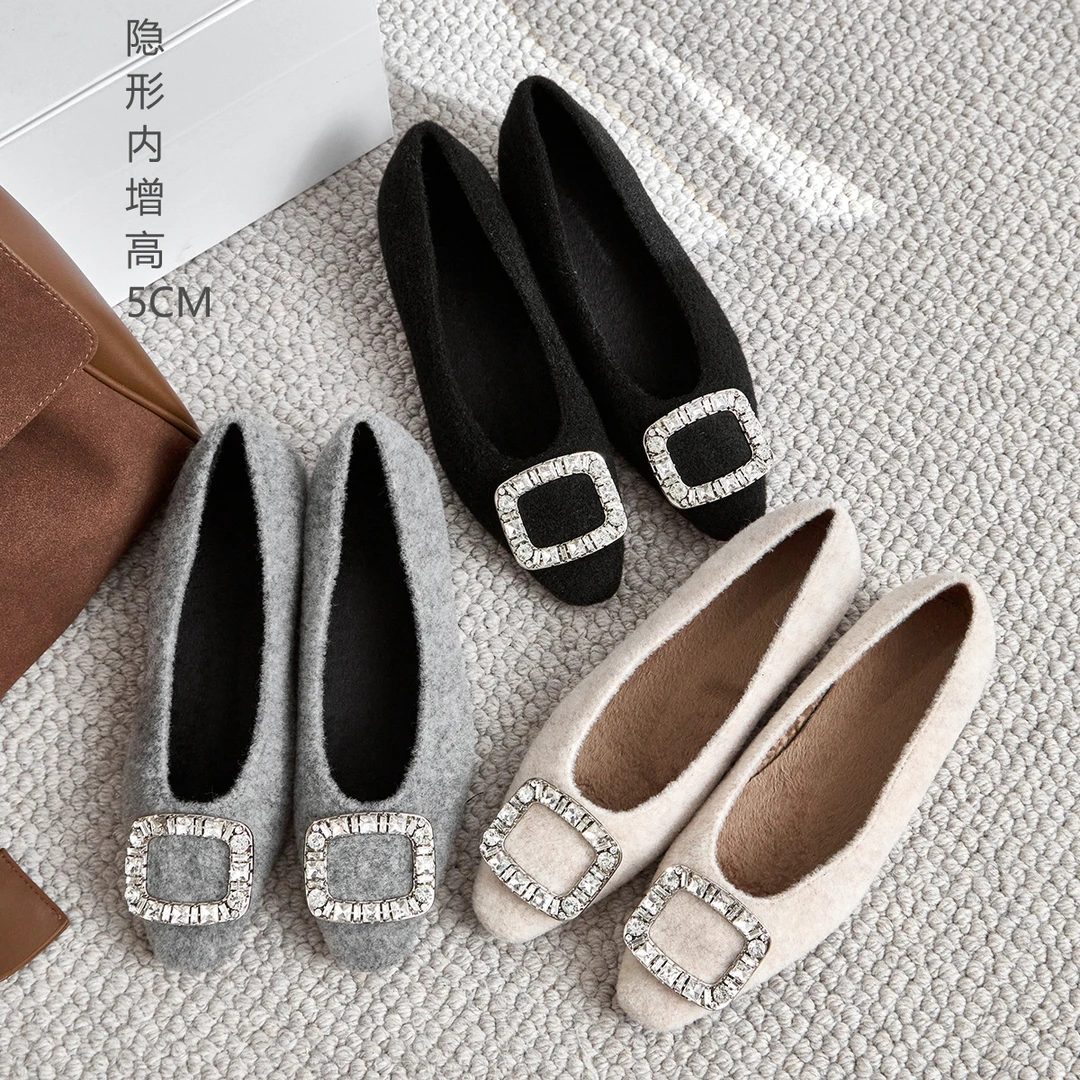 新款小个子内5CM法式绒面加绒水钻单鞋2024年秋冬款一脚蹬平底鞋-