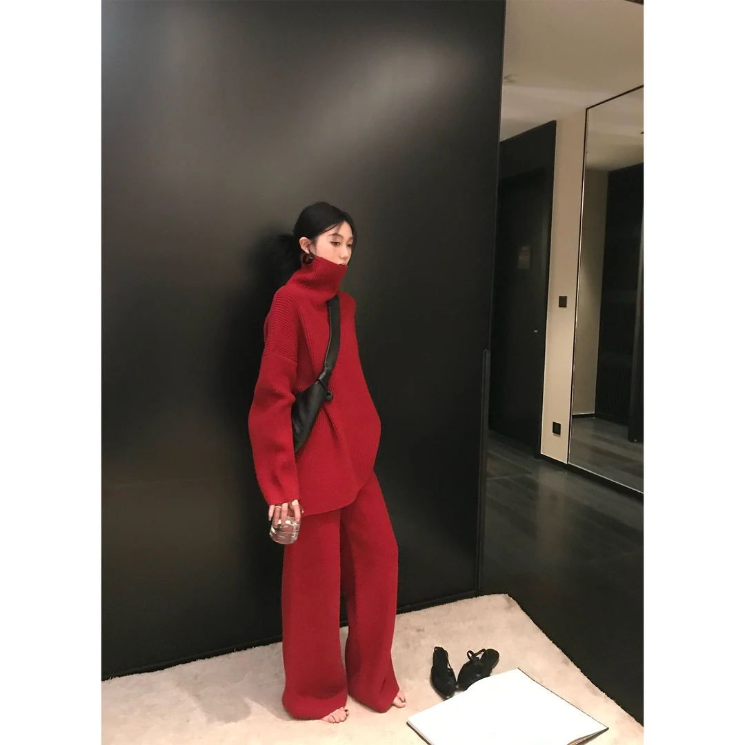 区区欧阳红色高领毛衣阔腿裤套装女春季新款内搭打底衫长裤两件套