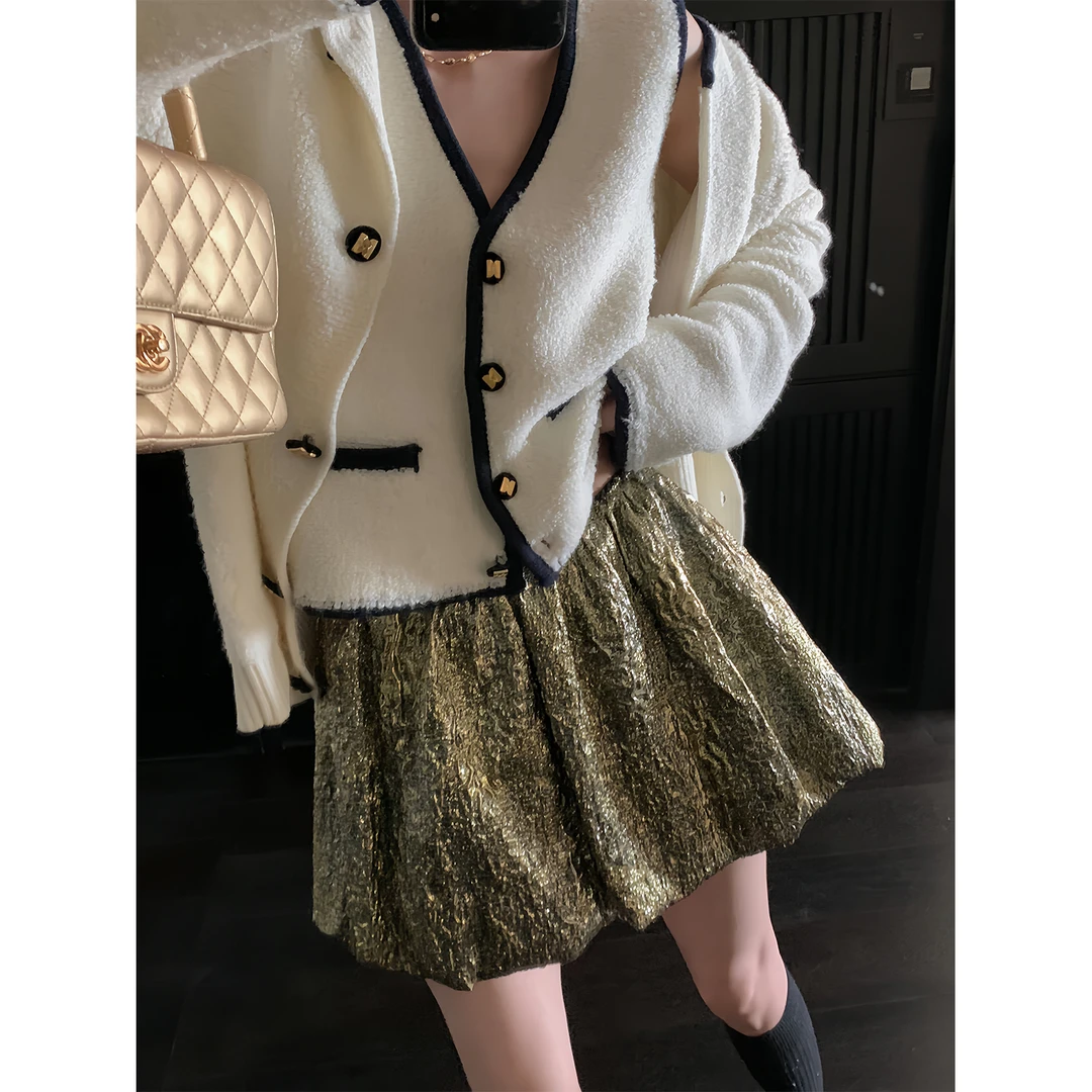 区区欧阳鎏光波影肌理感褶皱提花花苞半身裙辣妹短裙复古款A字裙