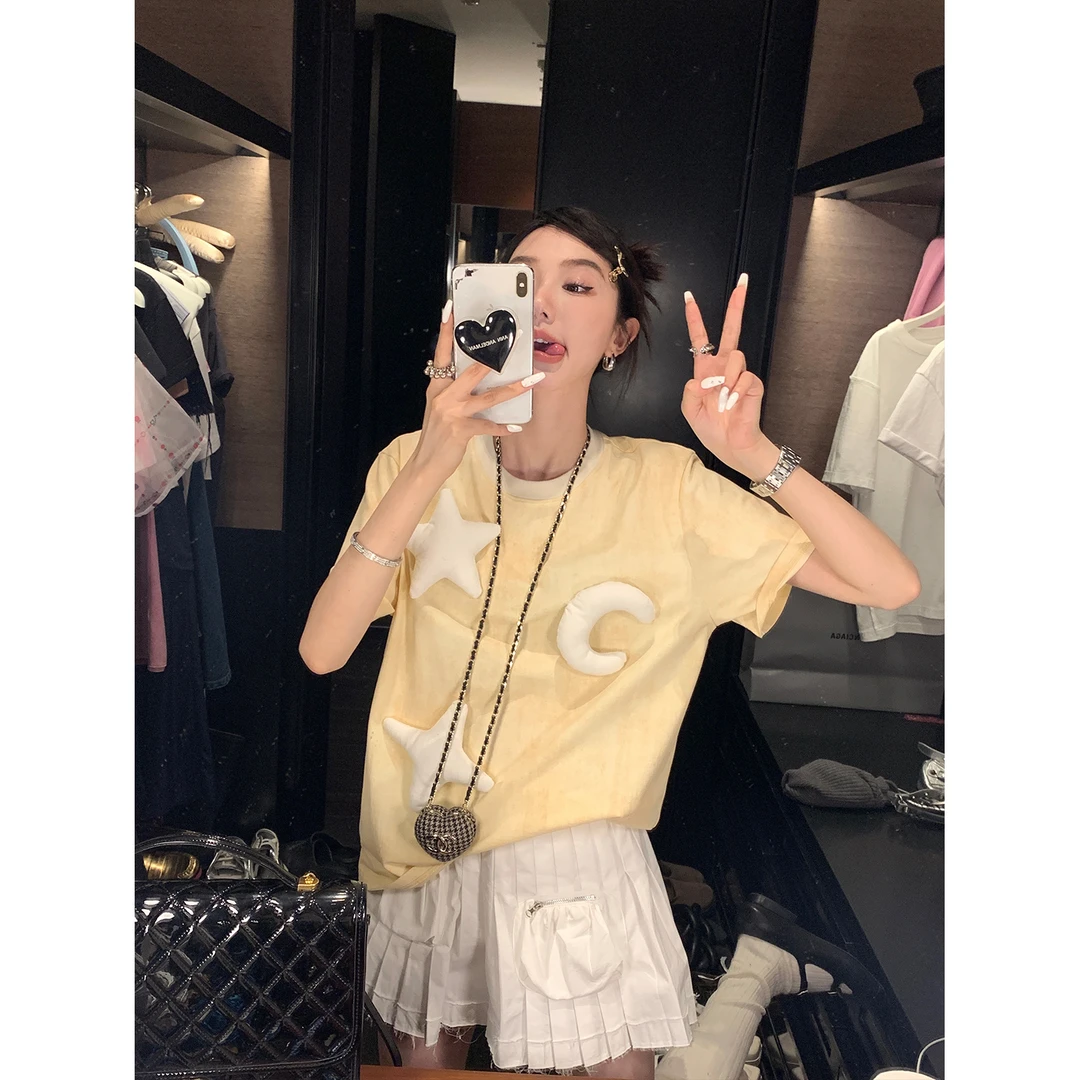 区区欧阳【会发光星星t】立体装饰短袖T恤女夏季薄款宽松上衣