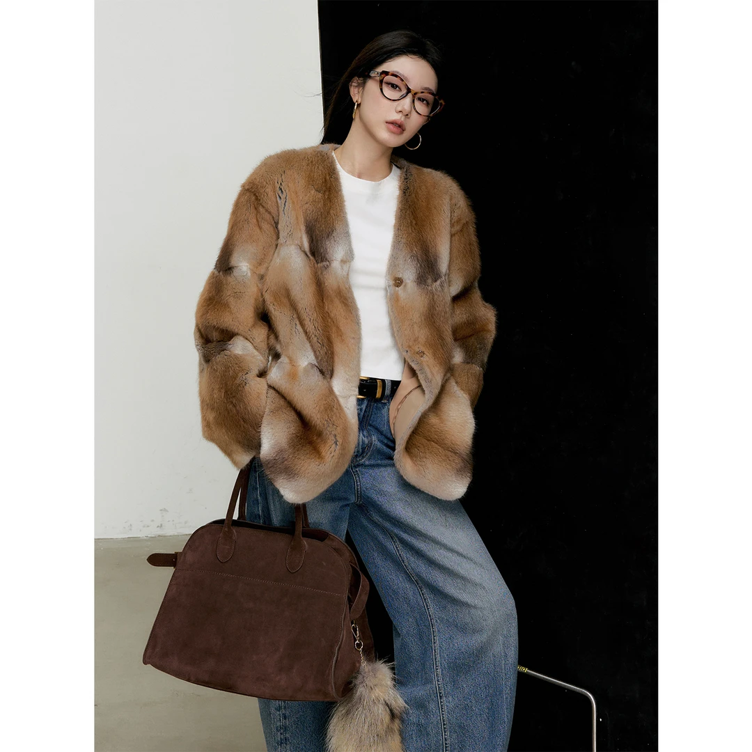 区区欧阳中古玛黑区青根hao宽松V领毛毛外套高级感贵气中长款外套