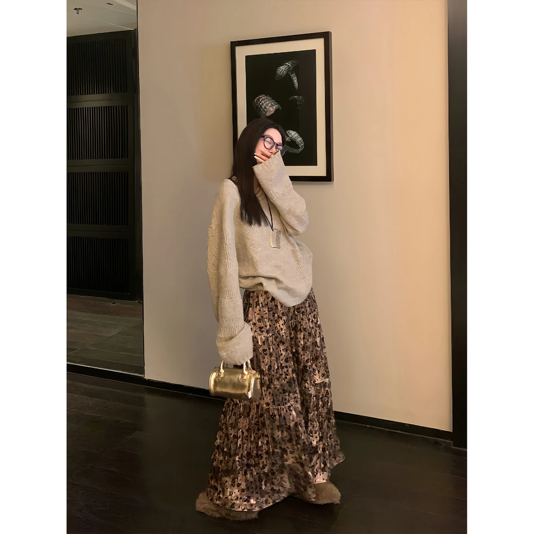 区区欧阳【中式美学 暮秋映花】丝绒豹纹印花半身裙女冬季高腰显瘦