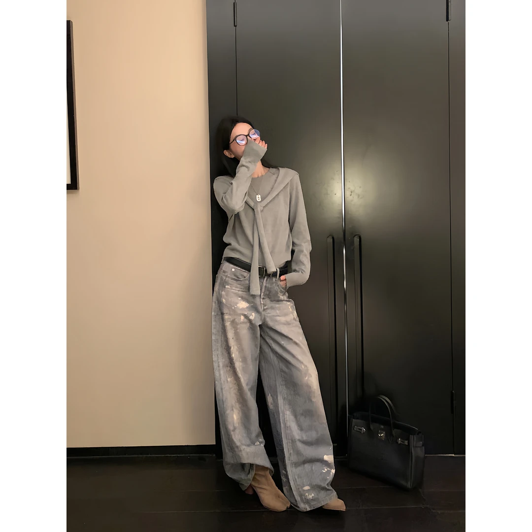 区区欧阳 chao重工 美式脏脏裤泼墨印花ins休闲水洗牛仔裤宽松