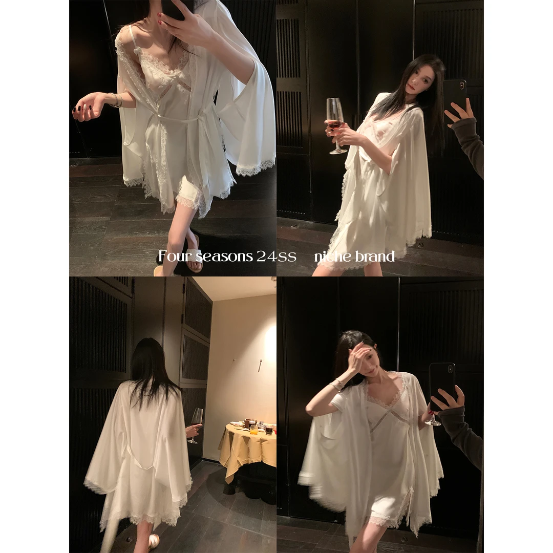 区区欧阳缎面蕾丝外套吊带连衣裙睡衣套装女春季设计感小众两件套