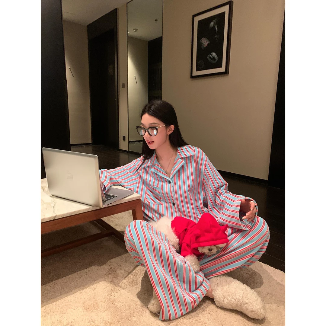 区区欧阳条纹控 松弛欧尼条纹睡衣套装女冬季新款设计感小众长袖