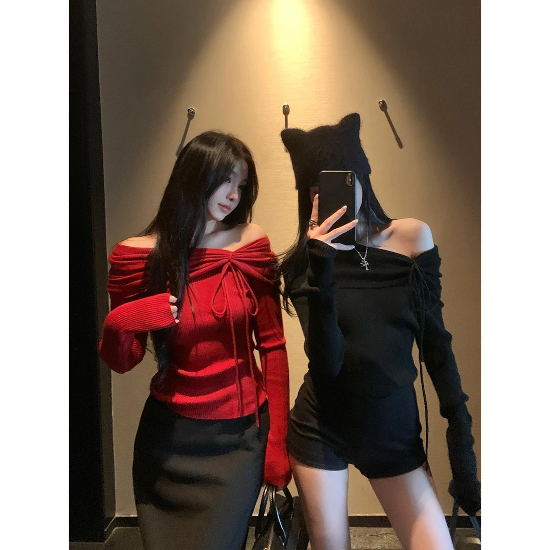 区区欧阳撩心辣妹一字肩针织衫女冬季慵懒风内搭毛衣辣妹露肩修身