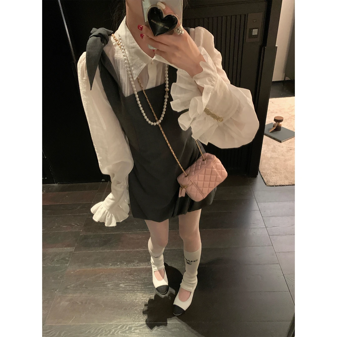 区区欧阳 天丝亚麻白色衬衫女春季荷叶边法式衬衣设计感小众上衣