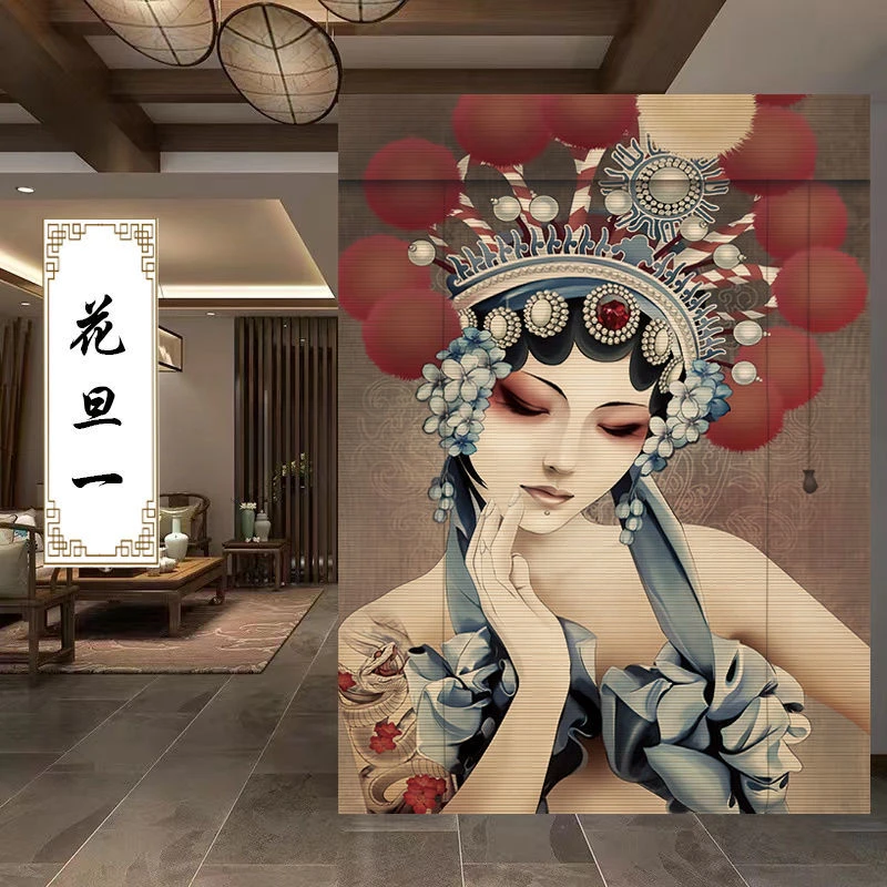 定制印花竹帘卷帘古风花旦戏曲中式本色可升降印花装饰竹窗帘卷帘