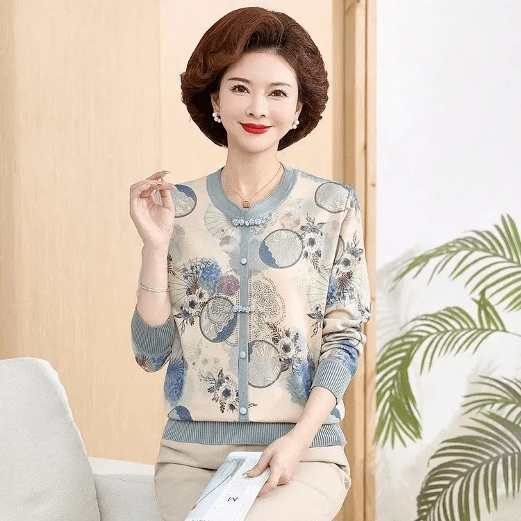 中老年毛衣新中式妈妈装2024春秋款弹力针织衫长袖T恤打底衫套装