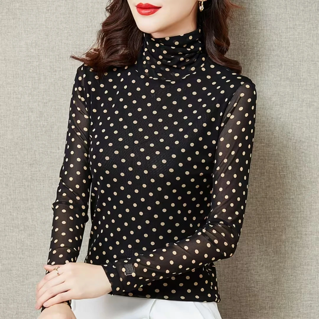 2024长袖波点内搭高领显瘦洋气百搭时尚打底衫上衣