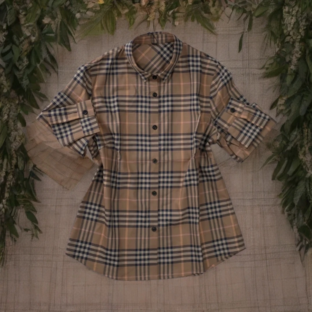 复古经典洋气翻领夏季格纹衬衣