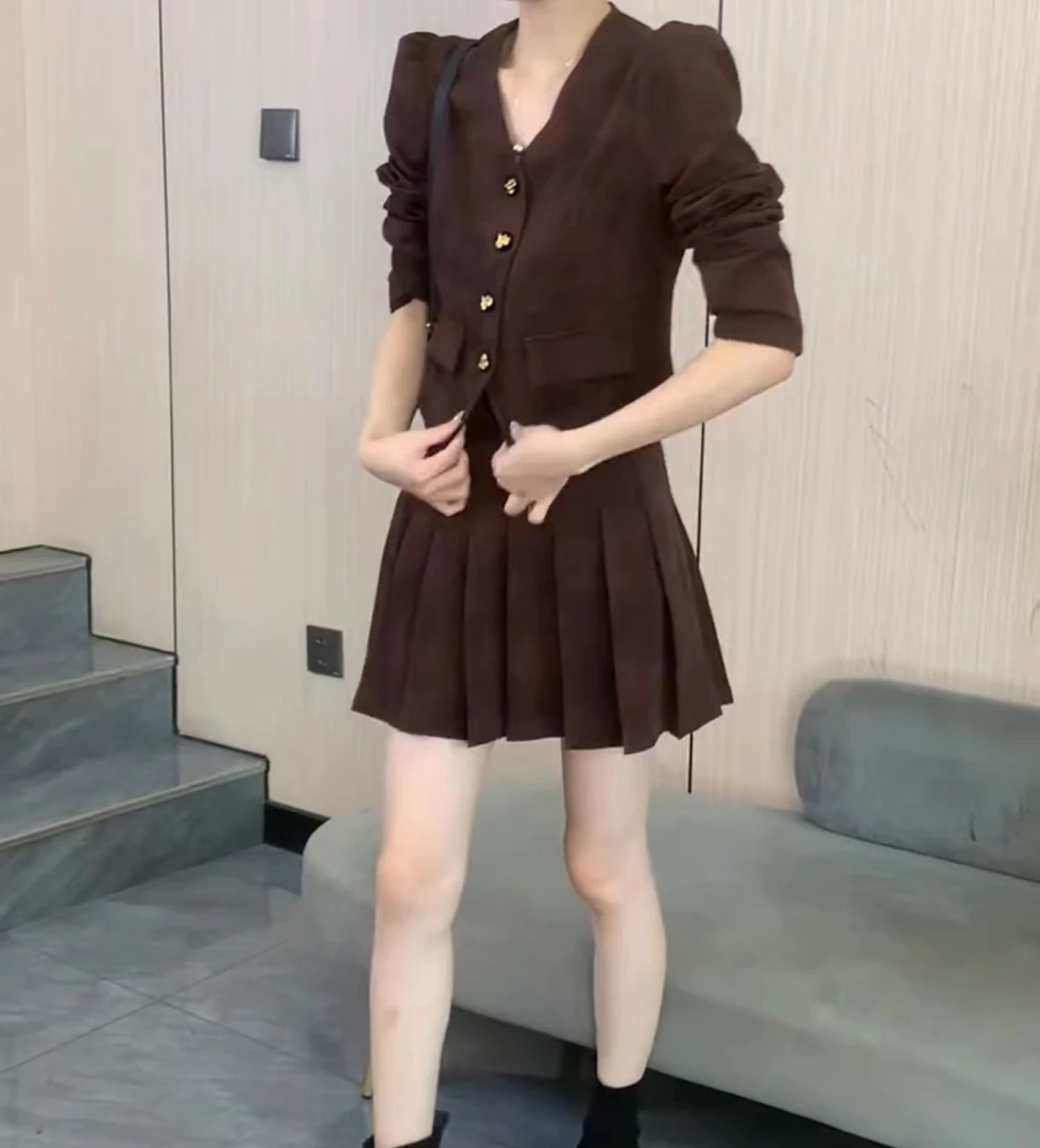 套装显瘦时尚百褶裙秋季气质长袖洋气短款百搭女士名媛两件套X956