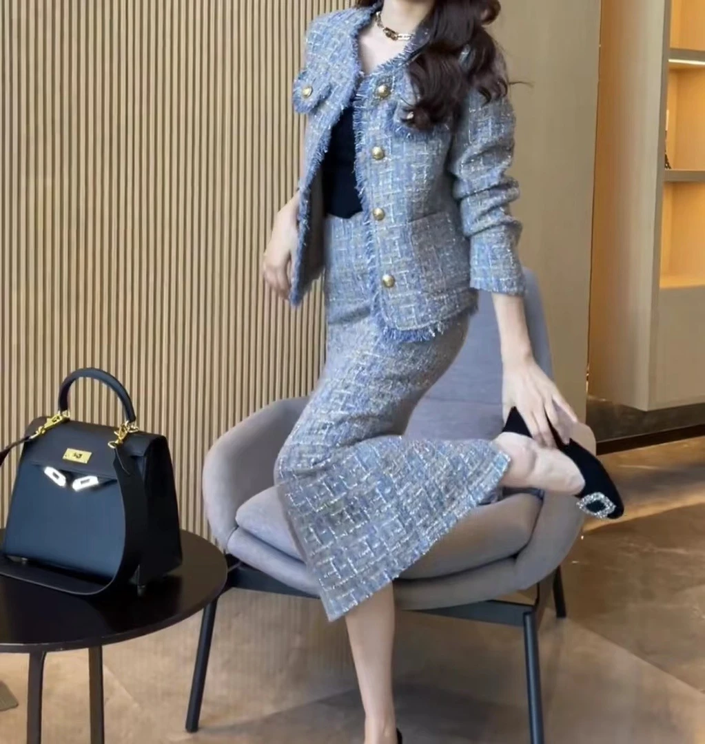 连衣裙女装套装小香风气质时尚秋冬显瘦网红洋气长袖两件套Y-486