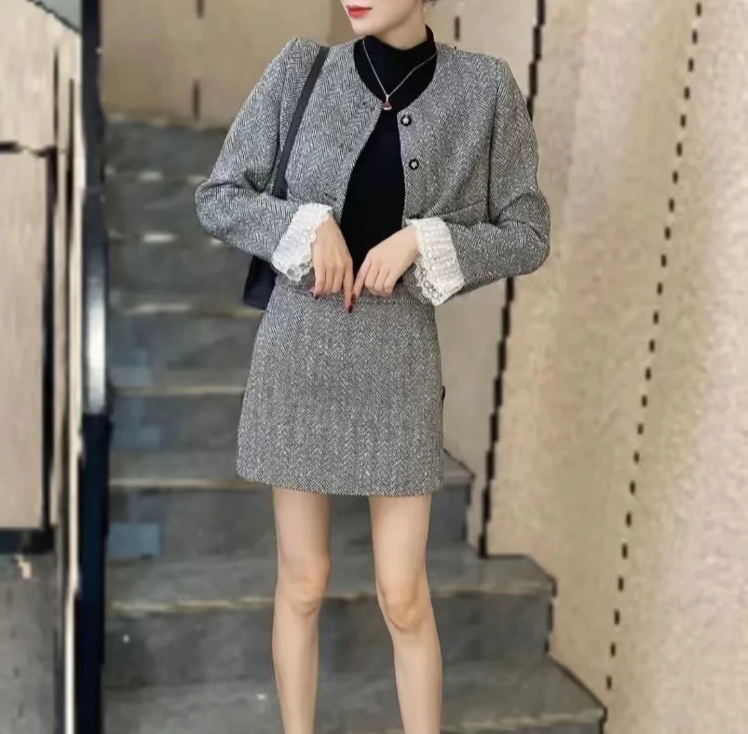 女装套装小香风气质短裙时尚千鸟格粗花呢长袖短款女士修身格子