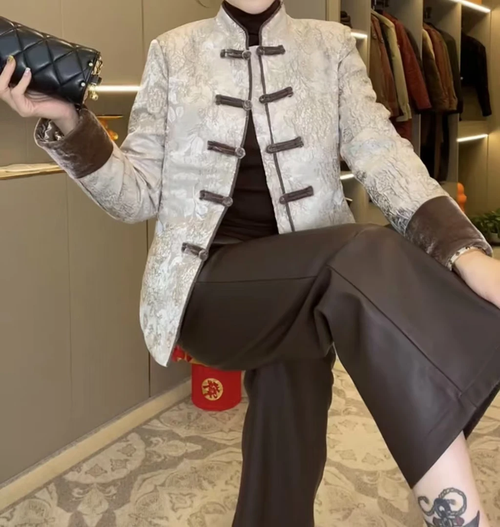 上衣复古棉服开衫外套中国风立领提花新中式套装网红时尚女士皮裤