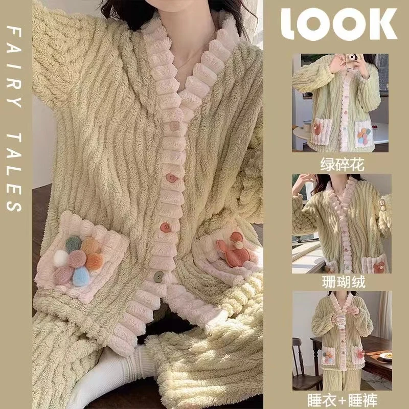 珊瑚绒睡衣冬季女款加绒加厚可爱开衫保暖少女家居服套装A375