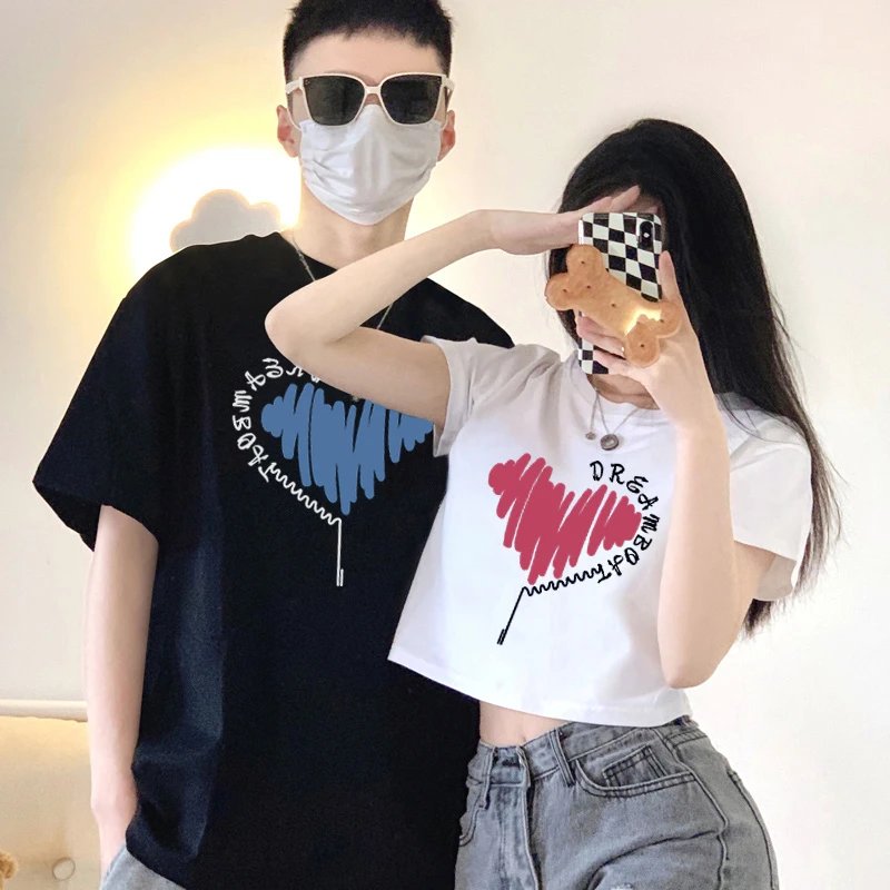 disoo情侣装夏季套装潮牌超火短袖网红爆款一长一短同色系纯棉t恤