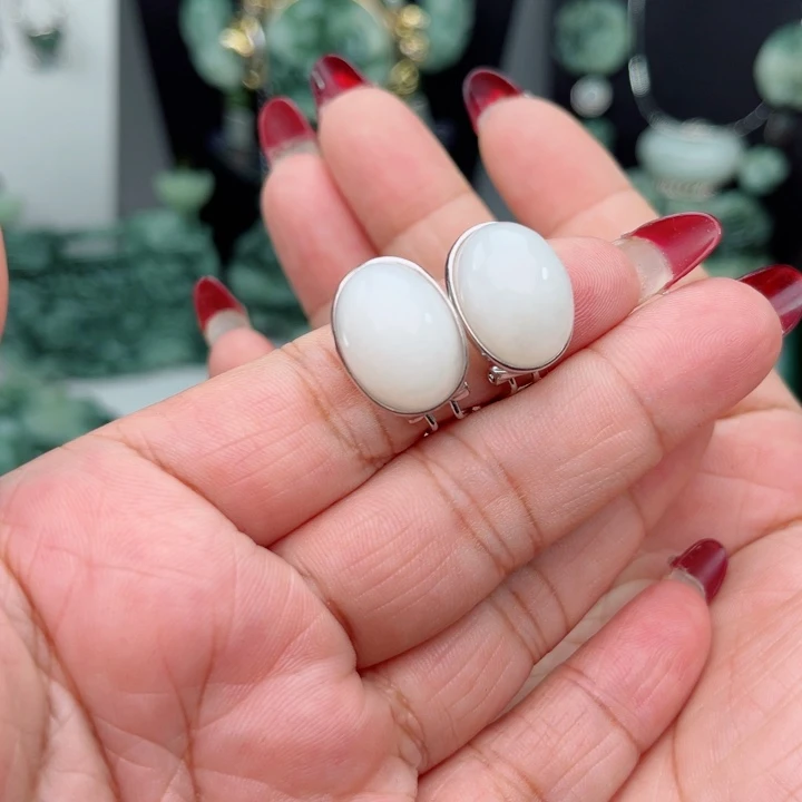 透闪石-蛇纹石玉耳坠银S925镶嵌风****浪