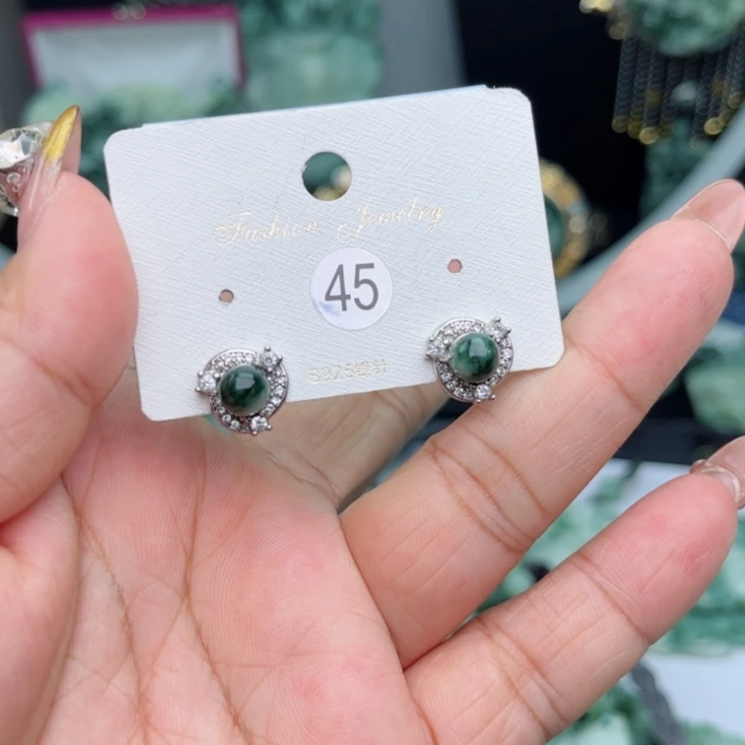 【闪购商品】透闪石-蛇纹石玉耳坠银S925镶嵌石*妈