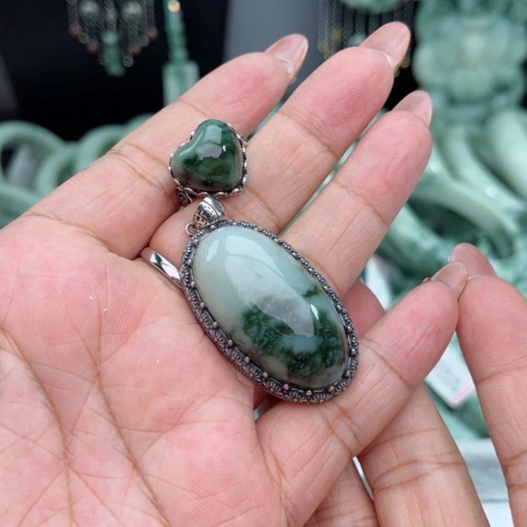 【闪购商品】透闪石-蛇纹石玉戒指，吊坠银S925镶嵌倒***豆