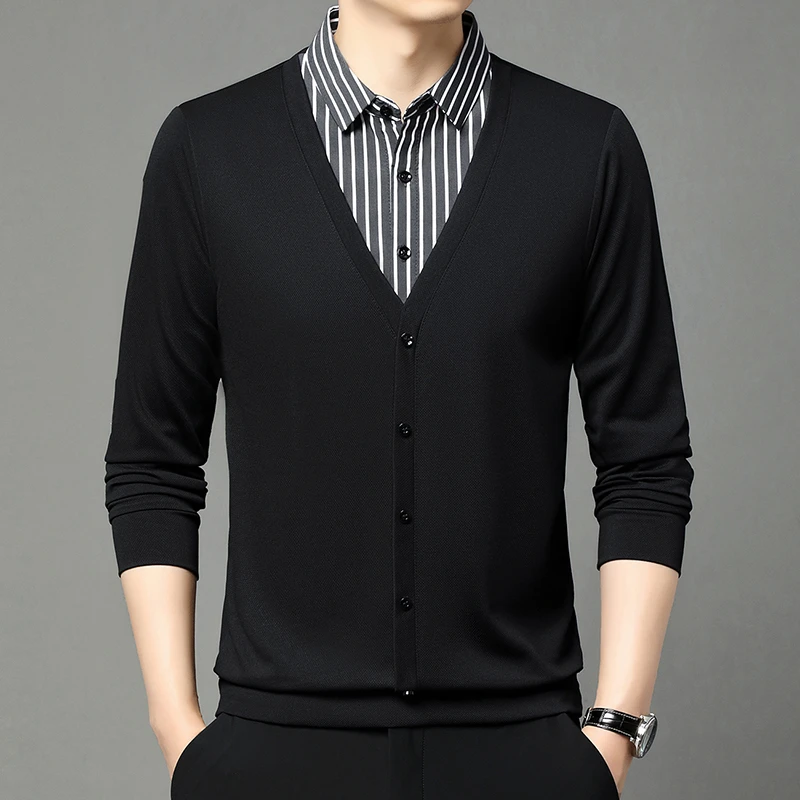 男士长袖假两件翻领T恤针织商务休闲春秋季新款高档男装衬衫领