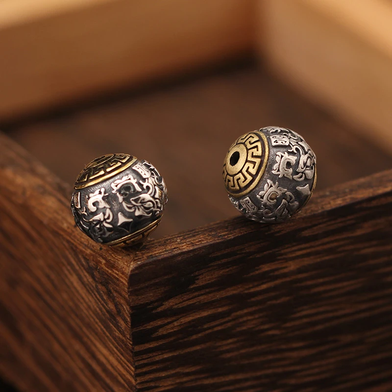 925银银制品 纯银圆珠银嵌铜做旧款貔貅回纹隔珠DIY串珠编绳配件