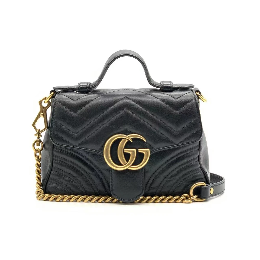 95新 GUCCI/古驰 98新 牛奢网/黑金马蒙手提黑金中号