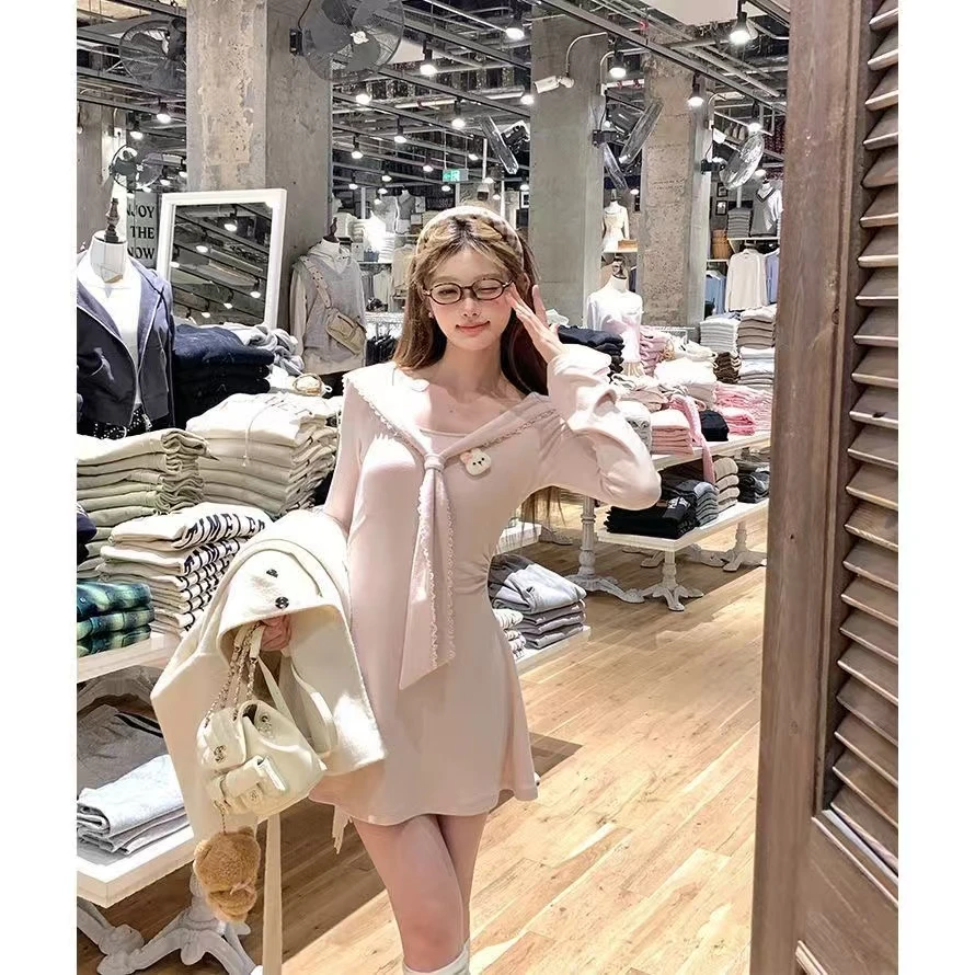 粉色中长款海军领收腰连衣裙女冬季气质显瘦时尚内搭叠穿修身裙子