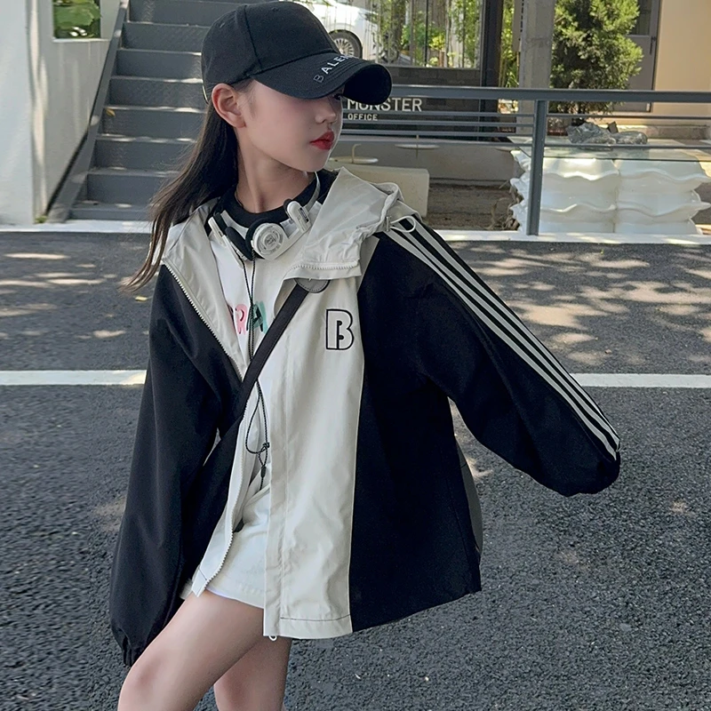 女童洋气拼色拉条休闲外套中大童潮流连帽字母外衣中大童春秋装