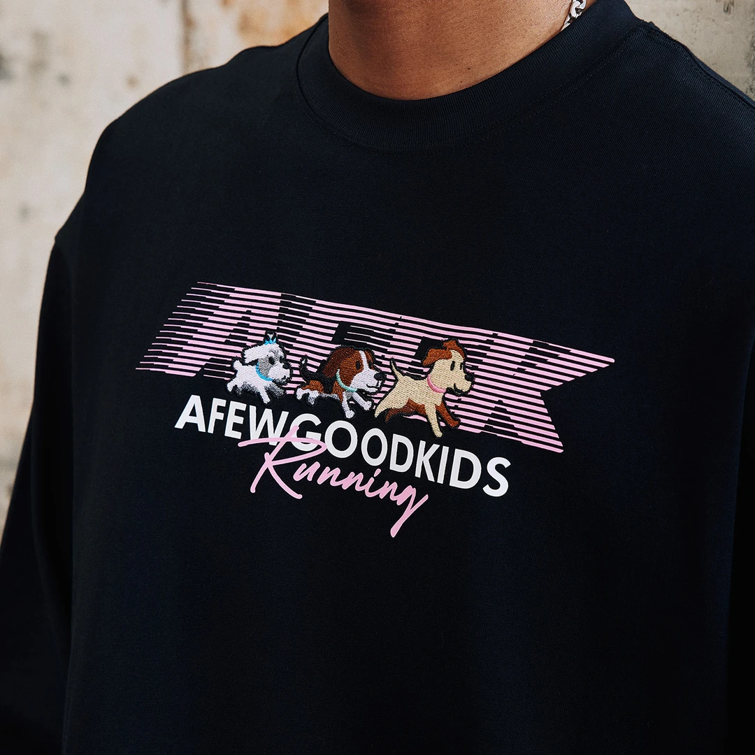 AFGK24FW奔跑小狗环形LOGO国潮长袖T恤美式嘻哈纯棉男女打底衫ins